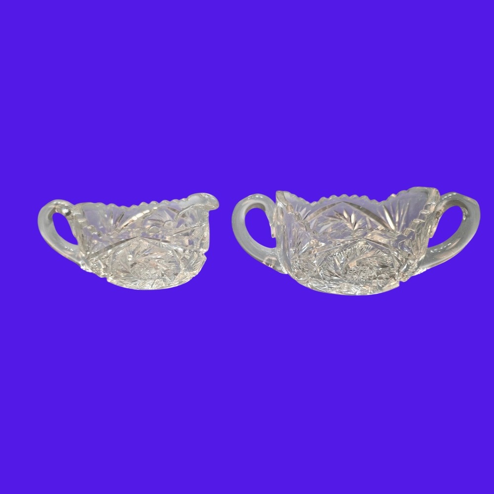 Vintage Cut Glass Creamer and Sugar Bowl Set Pinwheel Starburst Pattern Clear